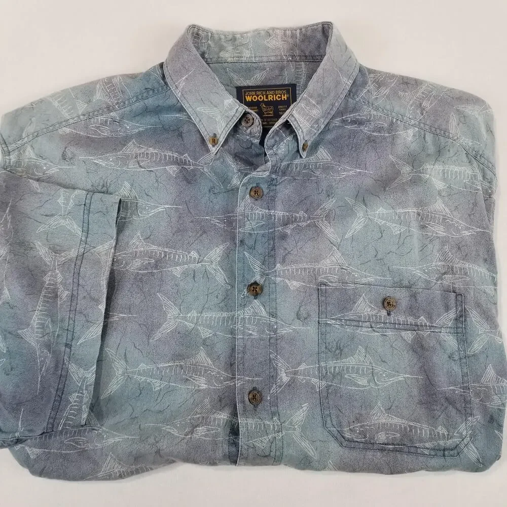 Vintage Woolrich Shirt Mens 2XL Blue Fish Print Button Down Short Sleeve Fishing